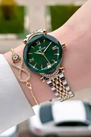 Gold Gümüş Yeşil Renk Kesme Camlı Kadın Kol Saati Ve Bileklik