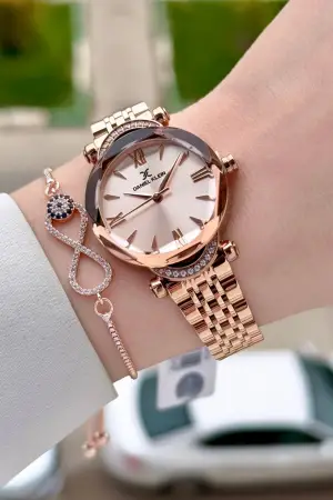 Rose Renk Kesme Camlı Kadın Kol Saati Ve Bileklik