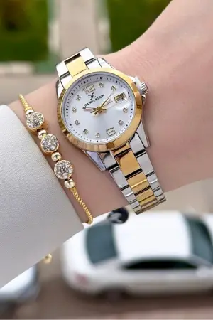 Gold Gümüş Renk 28 mm Kadın Kol Saati ve Bileklik