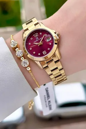 Kadranı Bordo Kordonu Gold Renk 28 mm Kadın Kol Saati ve Bileklik