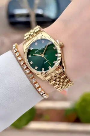 Kadranı Yeşil Kordonu Gold Renk Kadın Kol Saati ve Bileklik
