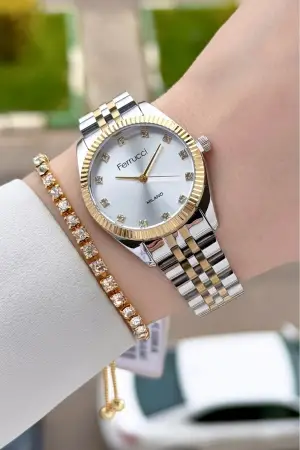 Gold Gümüş Renk Kadın Kol Saati ve Bileklik