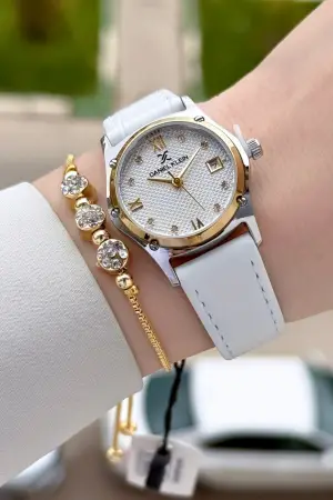 Kasası Gold Gümüş Kordonu Beyaz Renk 29 Mm Kadın Kol Saati ve Bileklik