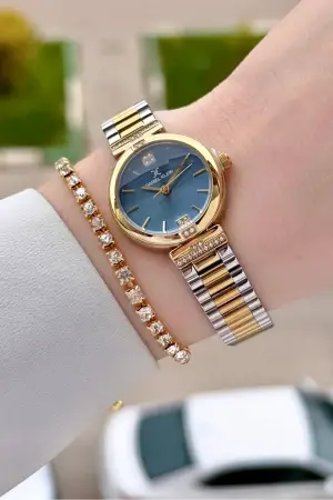 Kadranı Mavi Kordonu Gold Gümüş Renk 26 Mm Kadın Kol Saati ve Bileklik