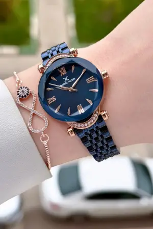 Kasası Rose Kordonu Lacivert Renk 30 Mm Kadın Kol Saati ve Bileklik