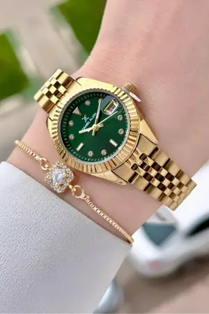 Kadranı Yeşil Kordonu Gold Renk 28 Mm Kadın Kol Saati ve Bileklik
