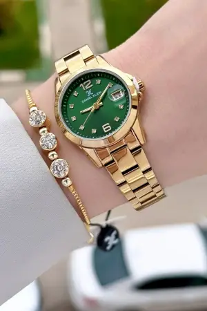Kadranı Yeşil Kordonu Gold Renk 28 mm Kadın Kol Saati ve Bileklik