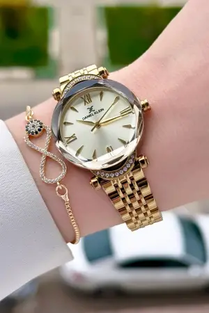 Kadranı Sarı Kordonu Gold Renk 30 Mm Kadın Kol Saati ve Bileklik