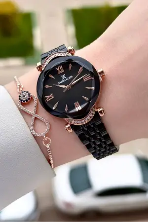 Kasası Rose Kordonu Siyah Renk 30 Mm Kadın Kol Saati ve Bileklik