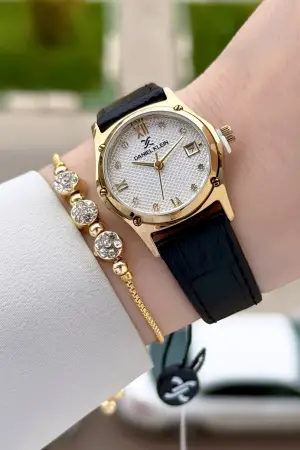 Kasası Gold Kordonu Siyah Renk 29 Mm Kadın Kol Saati ve Bileklik