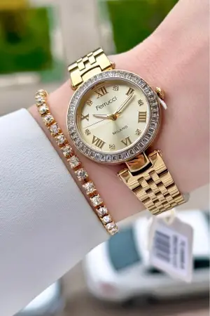 Gold Renk Kadın 30 Mm Kadın Kol Saati ve Hediye Bileklik