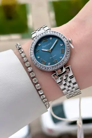 Kadranı Mavi Kordonu Gümüş Renk Kadın 30 Mm Kadın Kol Saati ve Hediye Bileklik