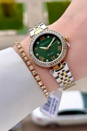 Kadranı Yeşil Kordonu Gold Gümüş Renk Kadın 30 Mm Kadın Kol Saati ve Hediye Bileklik