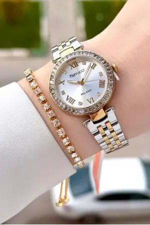 Gold Gümüş Renk Kadın 30 Mm Kadın Kol Saati ve Hediye Bileklik