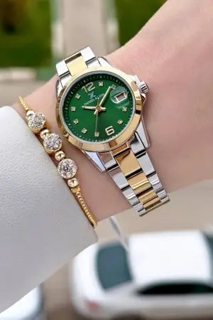 Kadranı Yeşil Kordonu Gold Gümüş Renk 28 mm Kadın Kol Saati ve Bileklik