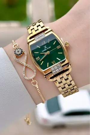 Kadranı Yeşil Kordonu Gold Renk 24 mm Hediye Paketli Kadın Kol Saati