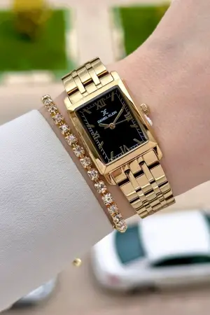 Kadranı Siyah Kordonu Gold Renk 22 mm Kadın Kol Saati