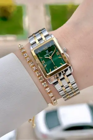 Kadranı Yeşil Kordonu Gold Gümüş Renk 22 mm Kadın Kol Saati
