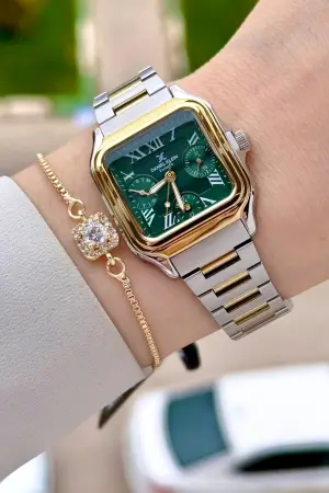 Kadranı Yeşil Kordonu Gold Gümüş Renk 28,5 Mm İç Göstergeleri Aktif Kadın Kol Saati