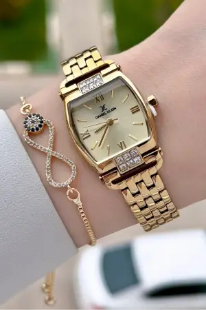 Kadranı Sarı Kordonu Gold Renk 24 mm Hediye Paketli Kadın Kol Saati