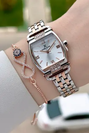 Rose Gümüş Renk 24 mm Hediye Paketli Kadın Kol Saati