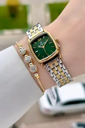 Kadranı Yeşil Kordonu Gold Gümüş Renk 22 mm Hediye Paketli Kadın Kol Saati