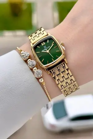 Kadranı Yeşil Kordonu Gold Renk 22 mm Hediye Paketli Kadın Kol Saati