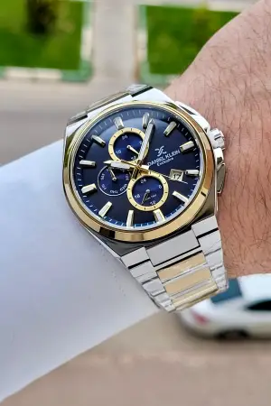 Kadranı Lacivert Kordonu Gold Gümüş Renk 43,5 Mm İç Göstergeleri Aktif Erkek Kol Saati
