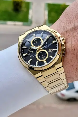Kadranı Siyah Kordonu Gold Renk 43,5 Mm Hediye Paketli İç Göstergeleri Aktif Erkek Kol Saati