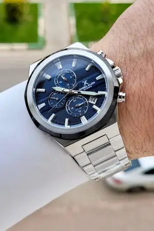 Kadranı Mavi Kordonu Gümüş Renk 44 Mm Hediye Paketli İç Göstergeleri Aktif Erkek Kol Saati