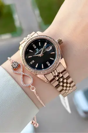 Kadranı Siyah Kordonu Rose Renk 32,5 Mm Hediye Paketli Kadın Kol Saati