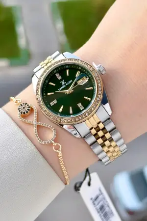 Kadranı Yeşil Kordonu Gold Gümüş Renk 32,5 Mm Hediye Paketli Kadın Kol Saati