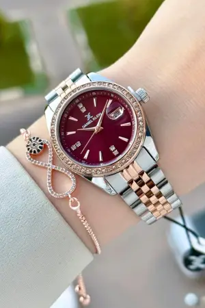 Kadranı Bordo Kordonu Rose Gümüş Renk 32,5 Mm Hediye Paketli Kadın Kol Saati