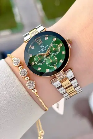 Kadranı Yeşil Kordonu Gold Gümüş Renk Hediye Paketli 32 Mm Kadın Kol Saati