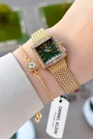 Kadranı Yeşil Kordonu Gold Renk Hediye Paketli 20,5 Mm Kadın Kol Saati