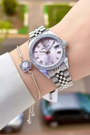 Kadranı Pembe Kordonu Gümüş Renk 33 Mm Kadın Kol Saati