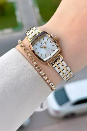 Gold Gümüş Renk Hediye Paketli 22 Mm Kadın Kol Saati ve Bileklik