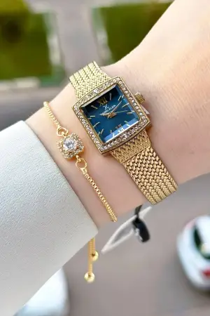 Kadranı Mavi Kordonu Gold Renk Hediye Paketli 20,5 Mm Kadın Kol Saati