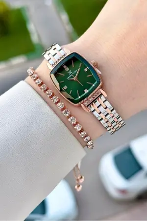 Kadranı Yeşil Kordonu Rose Gümüş Renk Hediye Paketli 22 Mm Kadın Kol Saati