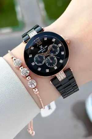 Kasası Rose Kordonu Siyah Renk Hediye Paketli 32 Mm Kadın kol Saati