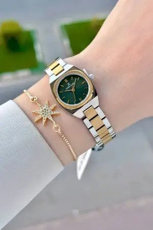 Kadranı Yeşil Kordonu Gold Gümüş Renk Hediye Paketli 22,5 Mm Kadın Kol Saati