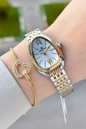 Gold Gümüş Renk 25 Mm Kadın Kol Saati ve Bileklik