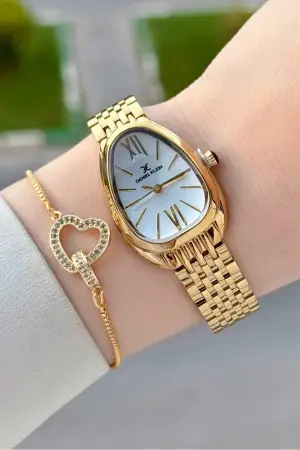 Gold Renk 25 Mm Kadın Kol Saati ve Bileklik