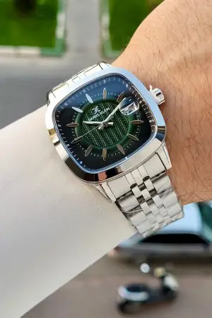 Kadranı Yeşil Kordonu Gümüş Renk 39 Mm Hediye Paketli Erkek Kol Saati