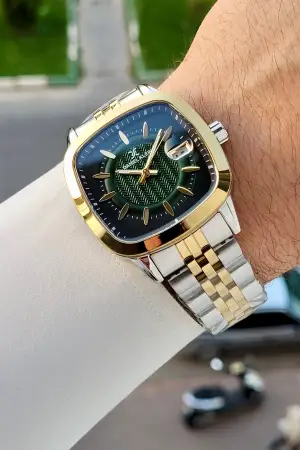 Kadranı Yeşil Kordonu Gold Gümüş Renk 39 Mm Hediye Paketli Erkek Kol Saati