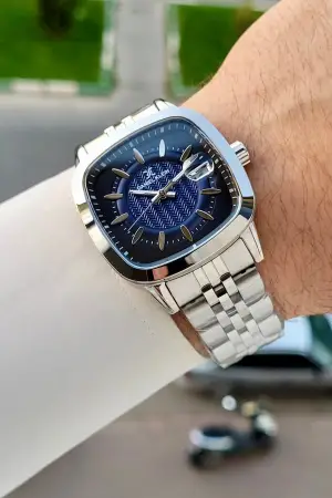 Kadranı Lacivert Kordonu Gümüş Renk 39 Mm Hediye Paketli Erkek Kol Saati