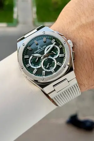 Kadranı Yeşil Kordonu Gümüş Renk 42 Mm Hediye Paketli Erkek Kol Saati