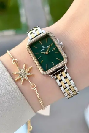 Kadranı Yeşil Kordonu Gold Gümüş Renk Hediye Paketli 21 Mm Kadın Kol Saati