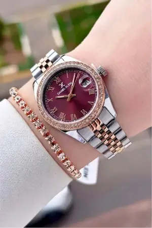 Kadranı Bordo Kordonu Rose Gümüş Renk 32,5 mm Takvimli Kadın Kol Saati ve Bileklik