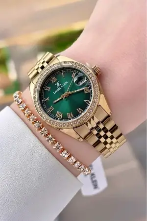 Kadranı Yeşil Kordonu Gold Renk 32,5 mm Takvimli Kadın Kol Saati ve Bileklik